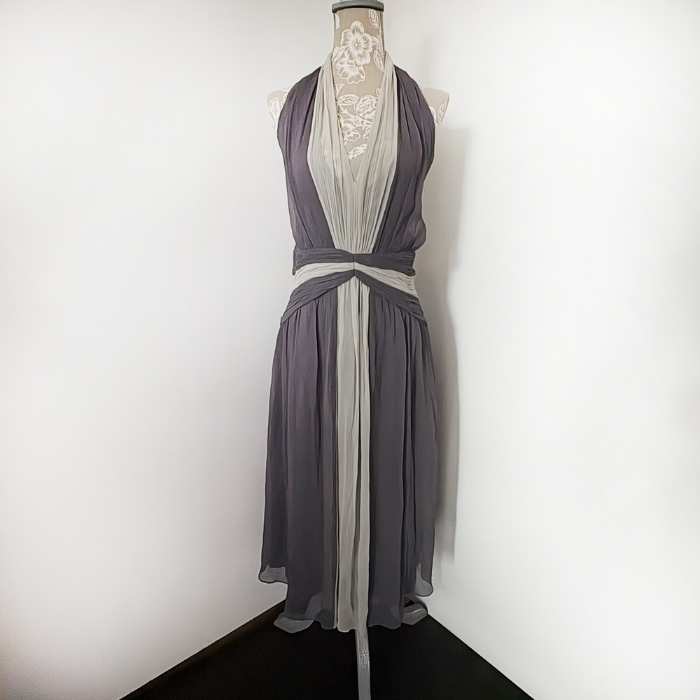 Maggy London 100% Silk Grey Colorblock Halter Dress Size 16